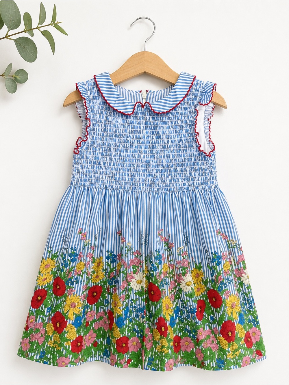 Mini Boden Girls 5-6Y Smocked Blue Stripe Floral Garden Dress Peter Pan Collar